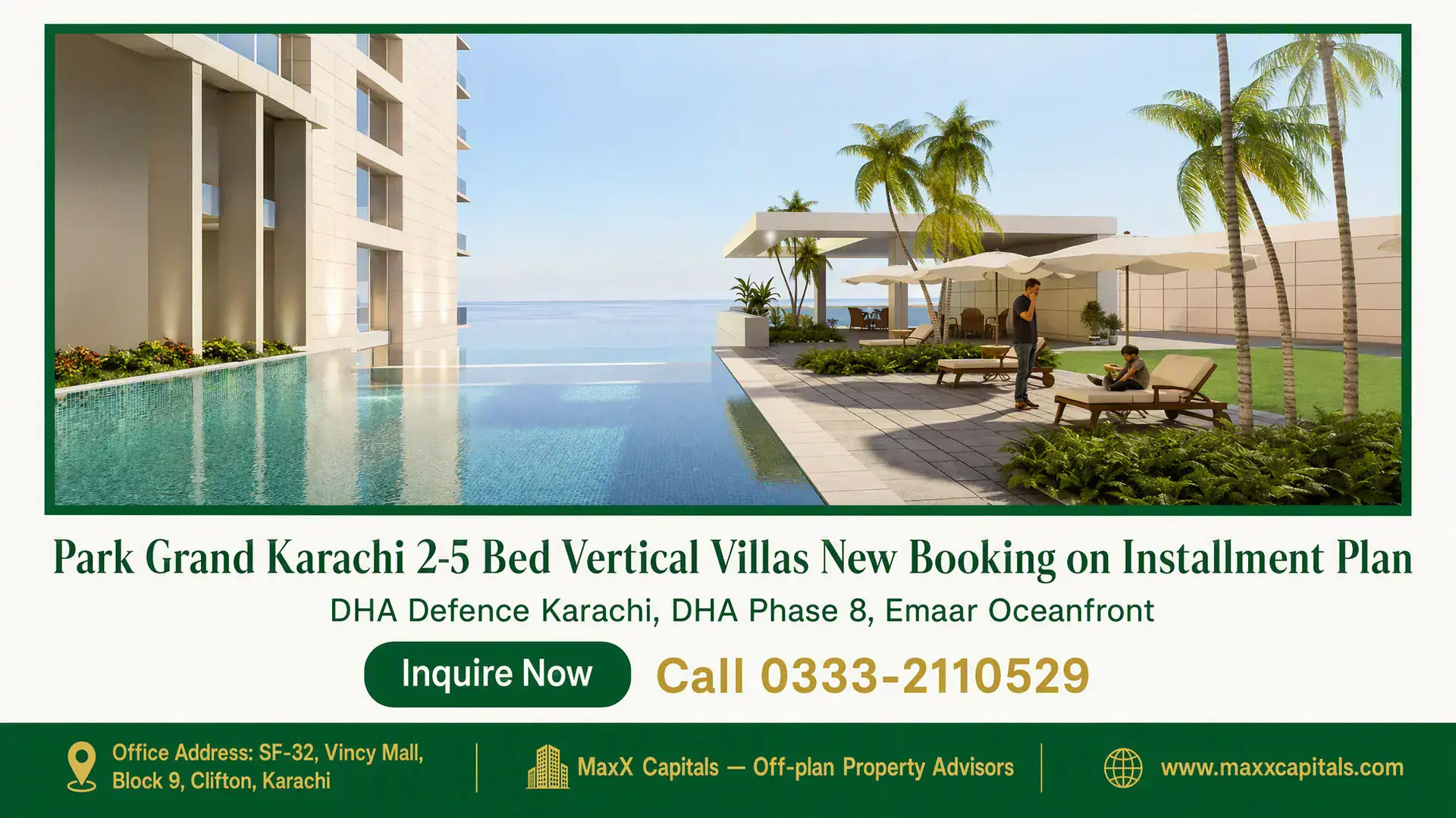 Park Grand Karachi 2-5 Bed Vertical Villas New Booking on Installment Plan Luxury waterfront development with pool, outdoor seating, greenery, and modern architecture at Park Grand Karachi.
