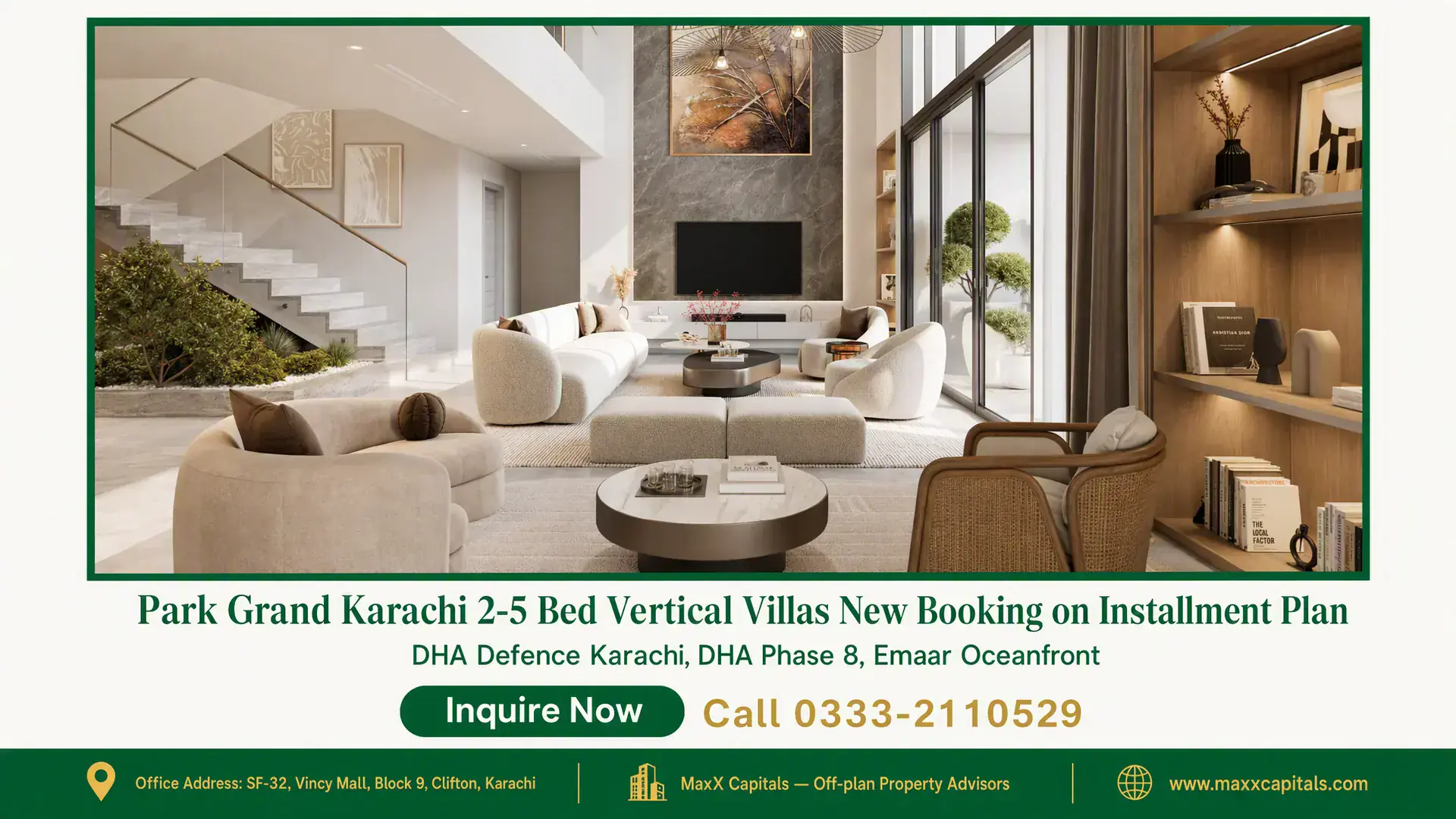 Park Grand Karachi 2-5 Bed Vertical Villas New Booking on Installment Plan Spacious and elegantly designed modern living room with large windows, neutral tones, stylish furniture, and a marble stairca