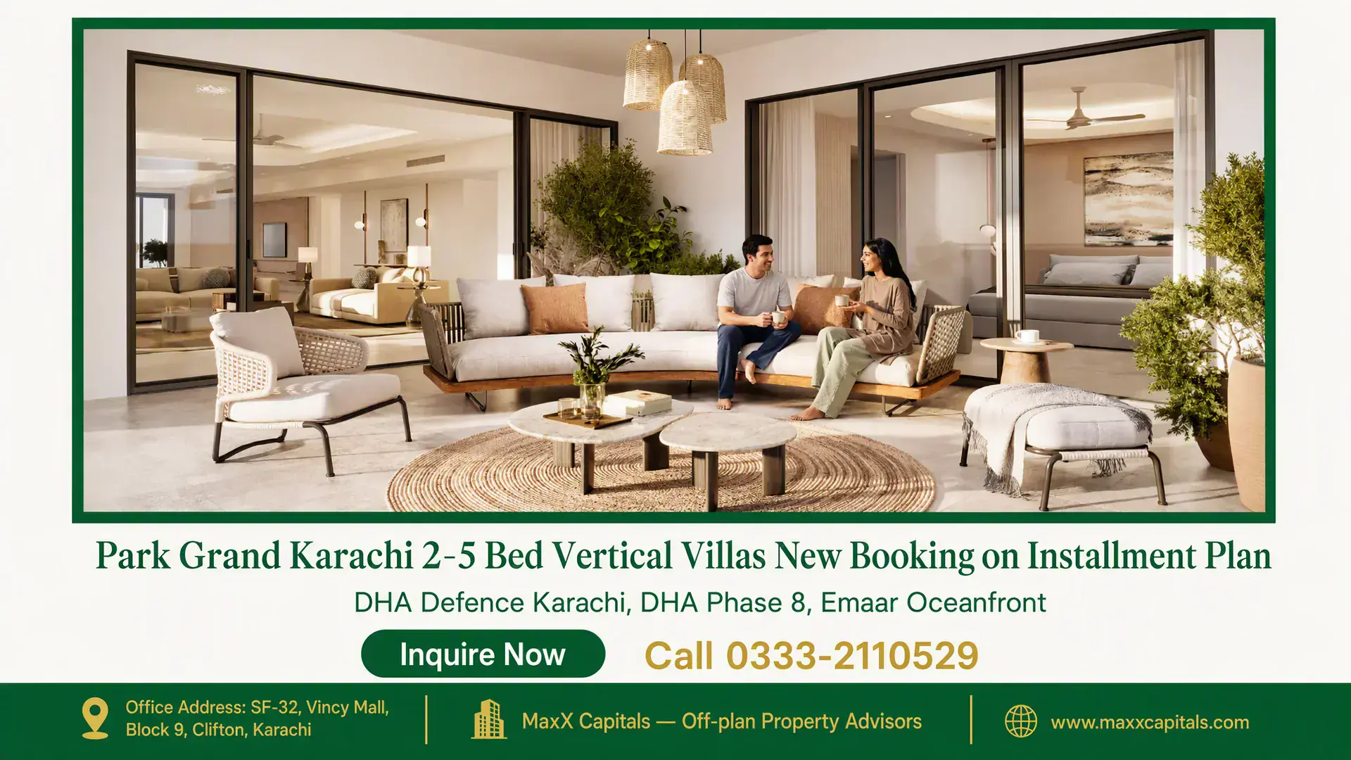 Park Grand Karachi 2-5 Bed Vertical Villas New Booking on Installment Plan Spacious living area with neutral tones, large sliding glass doors, modern furniture, and indoor plants at Park Grand Karachi