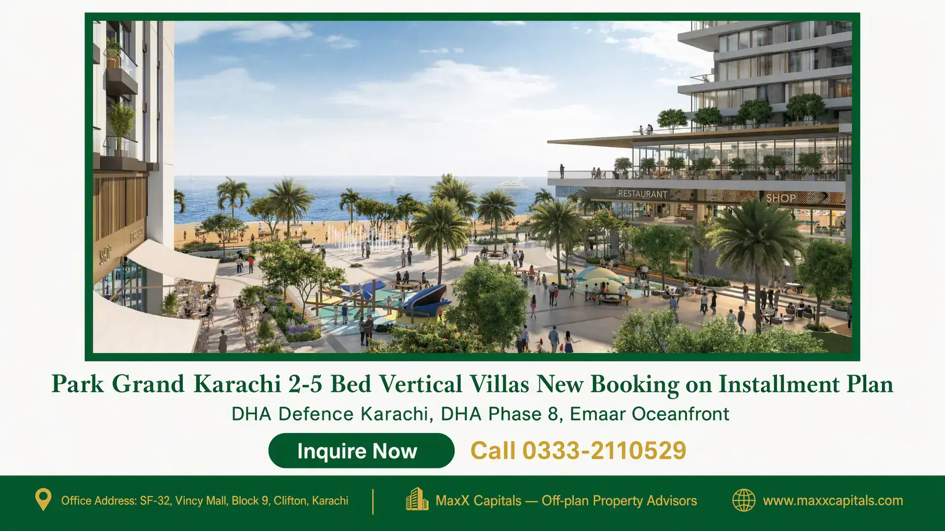 Park Grand Karachi 2-5 Bed Vertical Villas New Booking on Installment Plan Luxury vertical villas surrounded by lush greenery, modern commercial spaces, and seaside views at Park Grand Karachi.