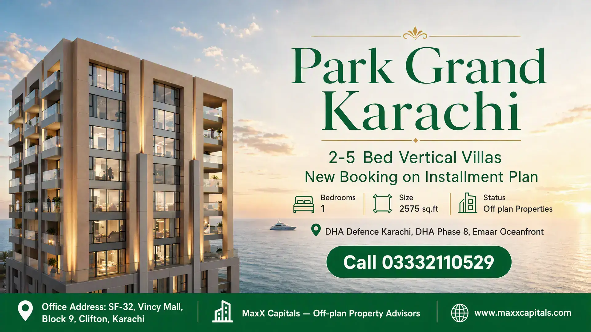 Park Grand Karachi 2-5 Bed Vertical Villas New Booking on Installment Plan Modern vertical villa building with glass balconies overlooking the ocean at sunset, part of Park Grand Karachi.