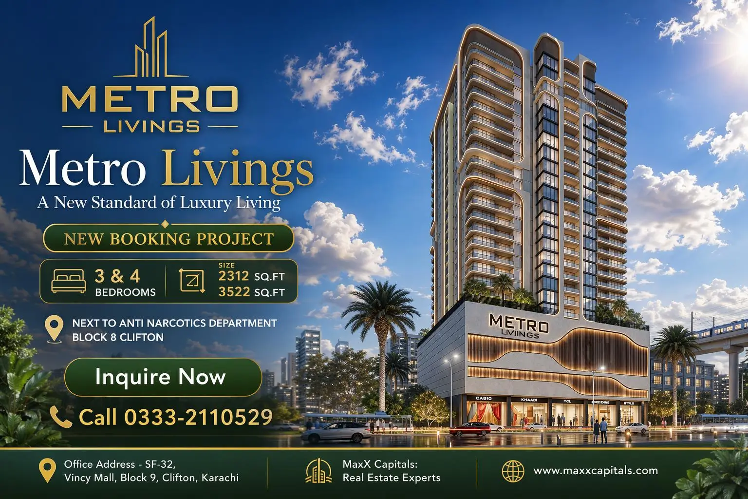 Metro Livings Clifton Block 8 Karachi-1 Metro Livings Clifton tower rendering by MaxX Capitals, new apartment project in Karachi