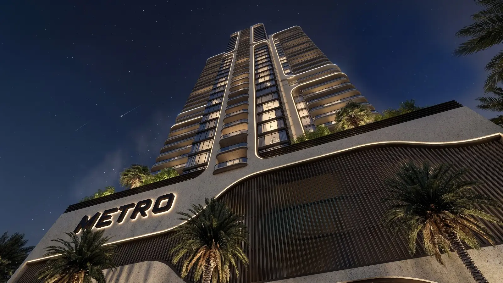 Metro Livings Clifton Block 8 Karachi-3 MaxX Capitals renders Metro Livings Clifton tower with illuminated facade and palm-lined podium in Karachi