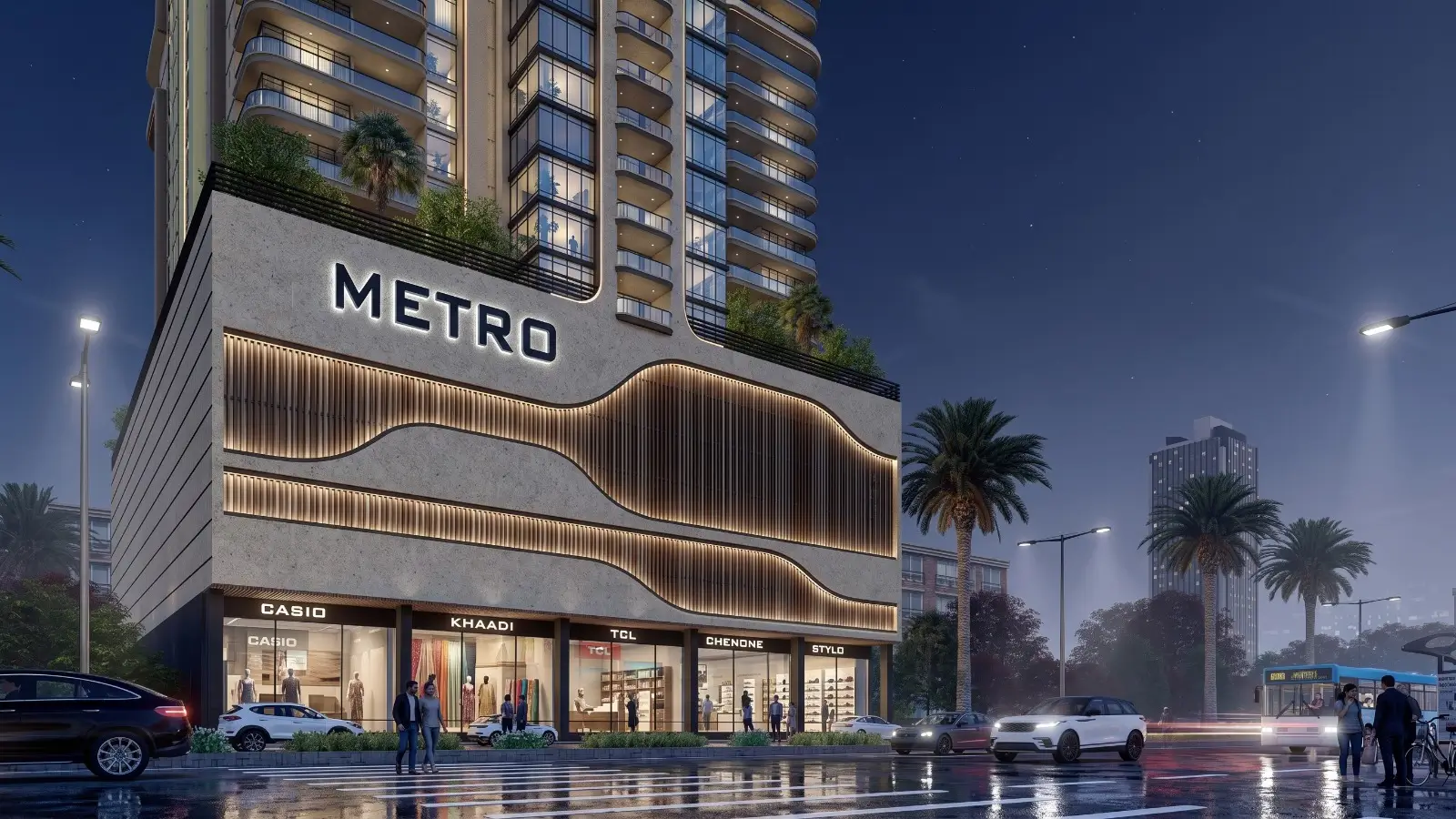 Metro Livings Clifton Block 8 Karachi-4 MaxX Capitals Metro Livings Clifton apartment tower with lit retail podium and balconies in Karachi