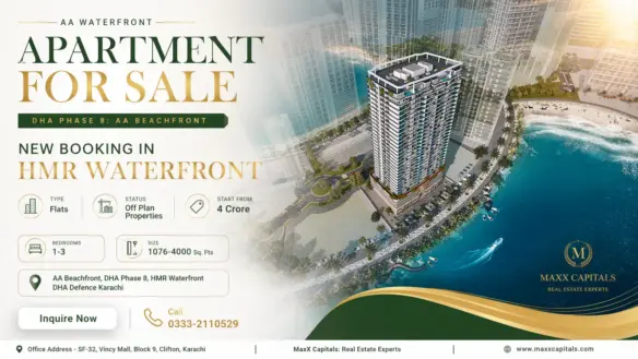 Maxx Capitals Dha Phase 8 Aa Beachfront Apartment Tower Rendering With Waterfront Skyline