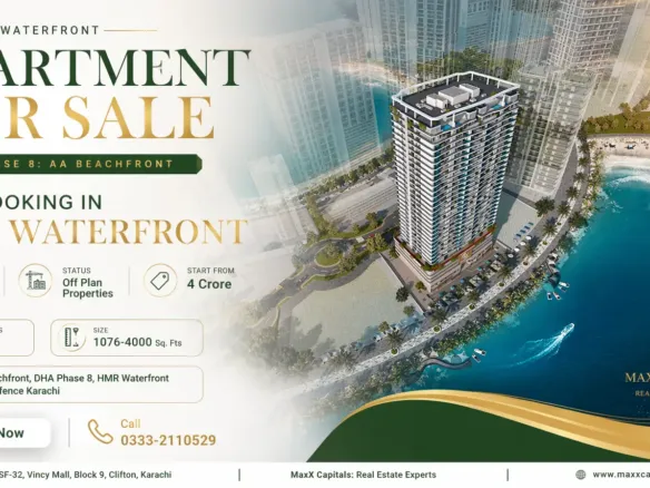Maxx Capitals Dha Phase 8 Aa Beachfront Apartment Tower Rendering With Waterfront Skyline