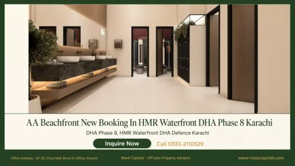 MaxX Capitals modern luxury bathroom in DHA Phase 8 AA Beachfront apartment with double sinks and mirrors