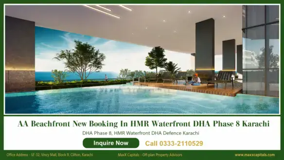 AA Beachfront 3 bed apartment for sale in Karachi with ocean-view pool deck and lounge seating