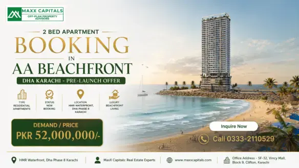 2 Bed Flat For Sale Dha Karachi Concept Showing A Beachfront Tower Beside A Sandy Bay At Sunset