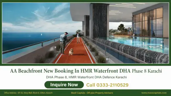 Seaside luxury apartment terrace with pool deck and HMR Waterfront DHA Phase 8 Karachi, 2 bed flat for sale DHA Karachi