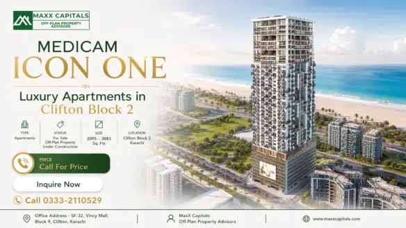 Maxx Capitals Render Of Medicam Icon One Luxury Apartment Tower In Clifton Block 2, Karachi, Near The Shoreline