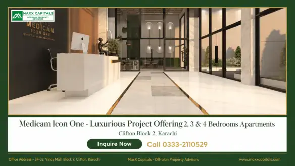 Medicam Icon One lobby with marble floors, glass walls, reception desk, and double-height atrium