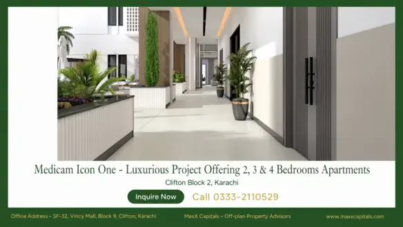 Medicam Icon One Clifton corridor with planter boxes, potted palms, and contemporary apartment entry doors