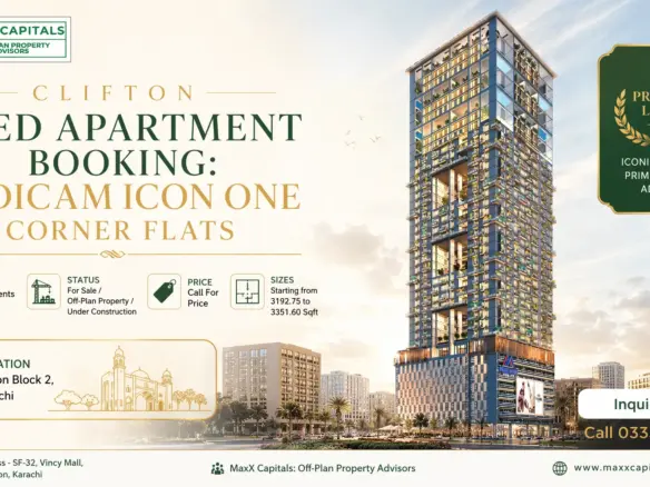 Maxx Capitals Clifton 3 Bed Apartment Booking Poster Showing Medicam Icon One Corner Flats Tower In Clifton, Karachi