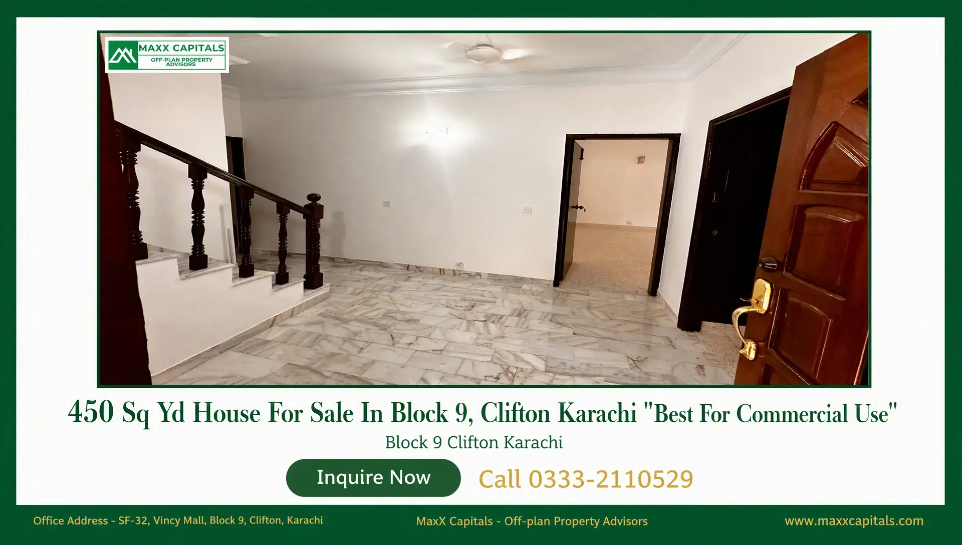 House for Sale in Clifton Block 9 – Prime 450 Sq Yd Tech HQ House for sale in Clifton Block 9 with marble-floored living area, staircase, and open doorway