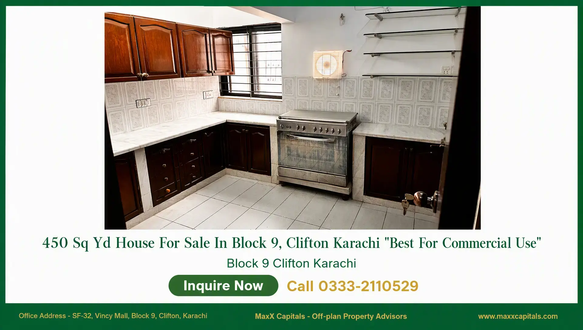 House for Sale in Clifton Block 9 – Prime 450 Sq Yd Tech HQ House for sale in Clifton Block 9 kitchen with wooden cabinets, tiled backsplash, and freestanding stove