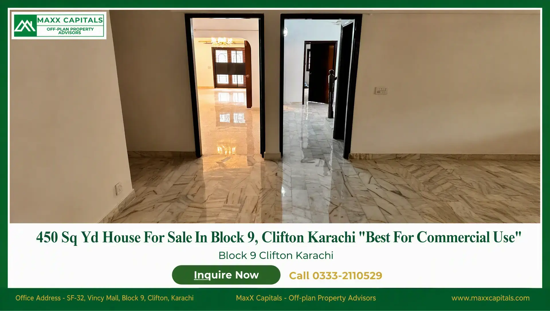 House for Sale in Clifton Block 9 – Prime 450 Sq Yd Tech HQ House for sale in Clifton Block 9 with polished marble flooring and doorways to adjoining rooms