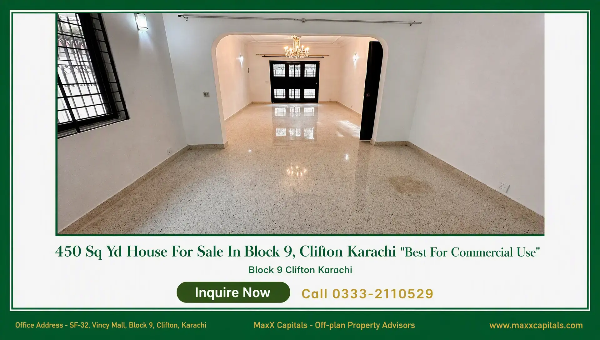 House for Sale in Clifton Block 9 – Prime 450 Sq Yd Tech HQ House for sale in Clifton Block 9 interior with terrazzo floor, arched opening, chandelier, and black grille windows