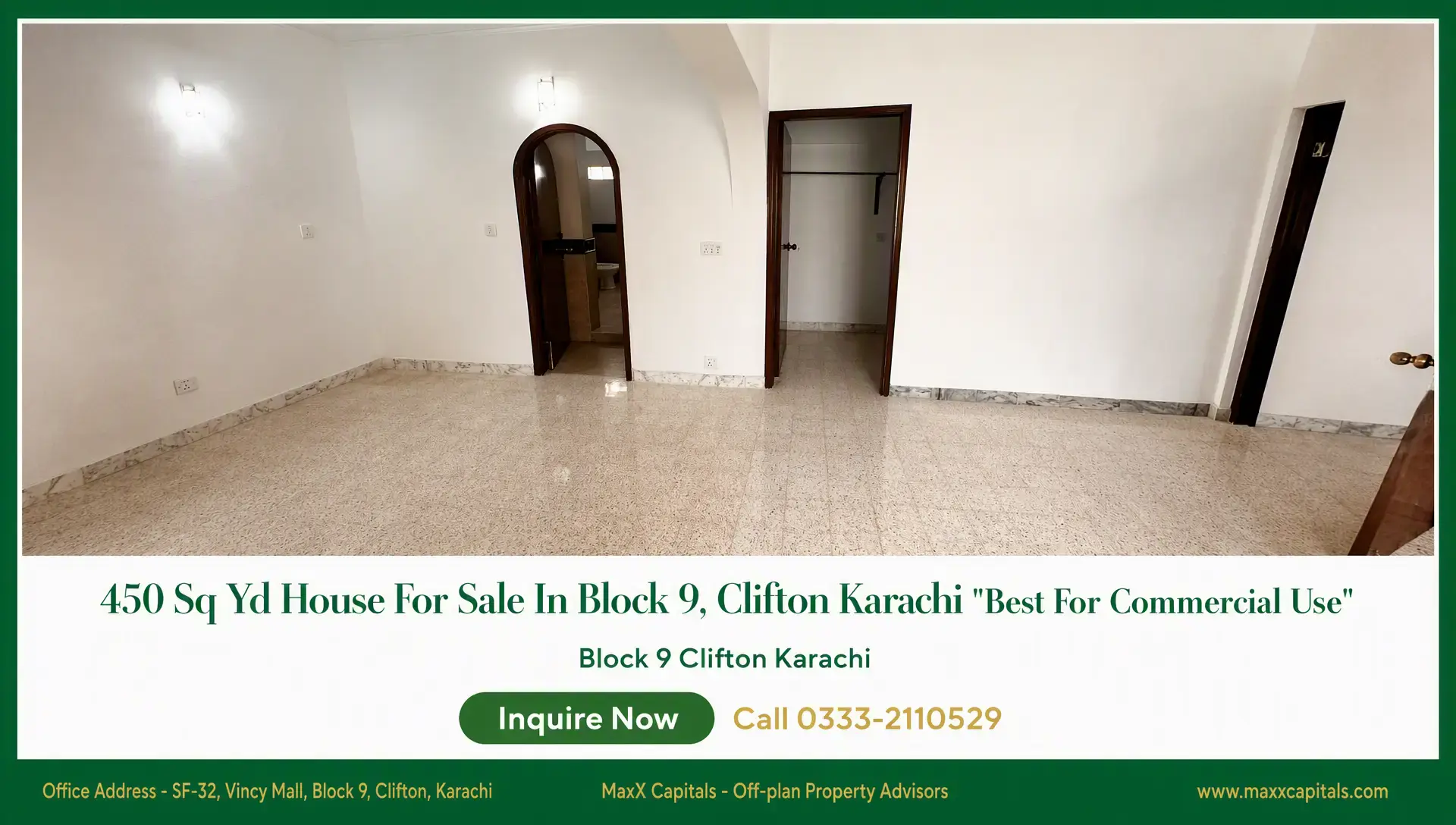 House for Sale in Clifton Block 9 – Prime 450 Sq Yd Tech HQ House for sale in Clifton Block 9 with spacious tiled room, arched doorway, and closet opening