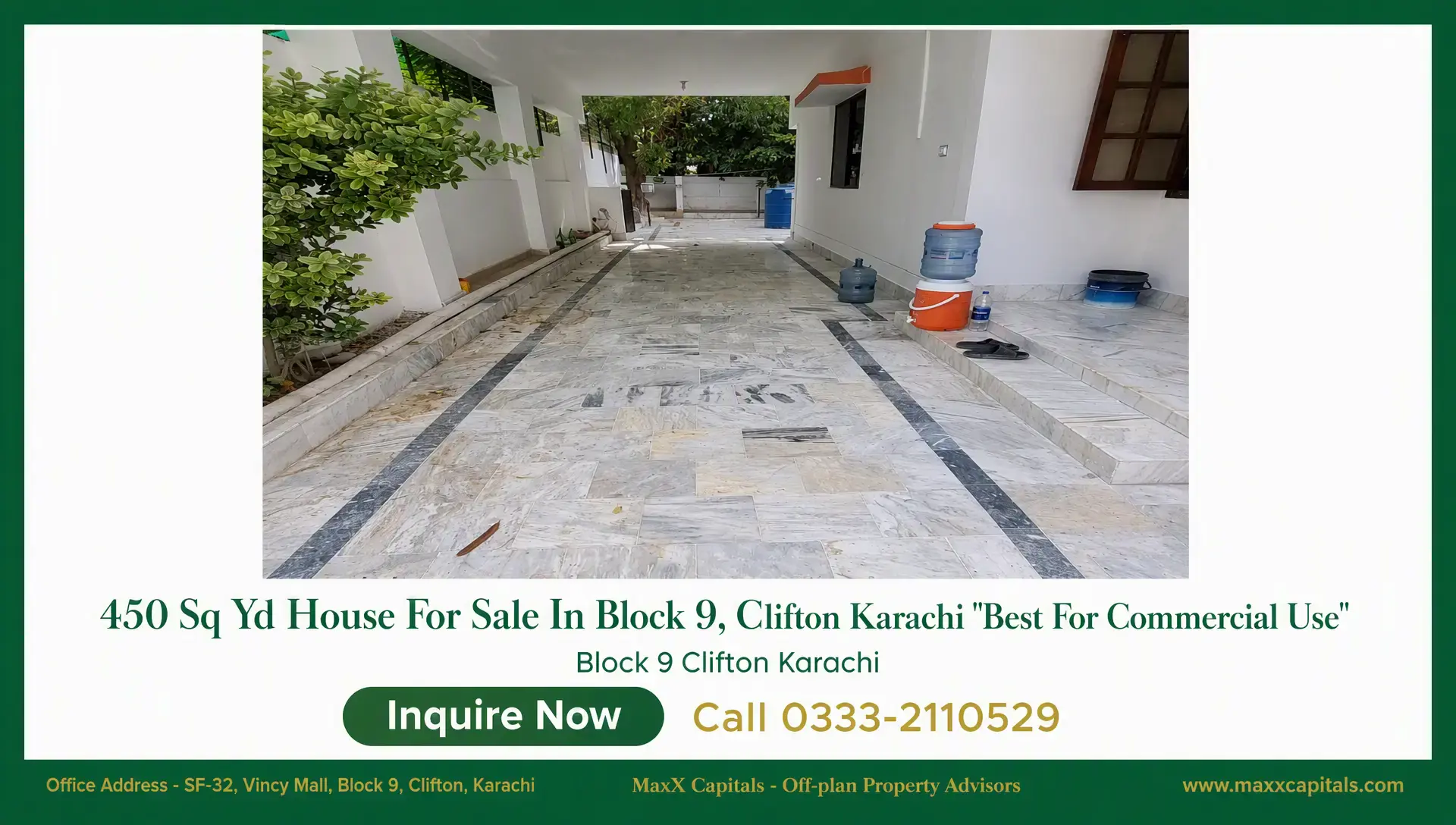 House for Sale in Clifton Block 9 – Prime 450 Sq Yd Tech HQ House for sale in Clifton Block 9 with a marble-tiled driveway and covered side passage