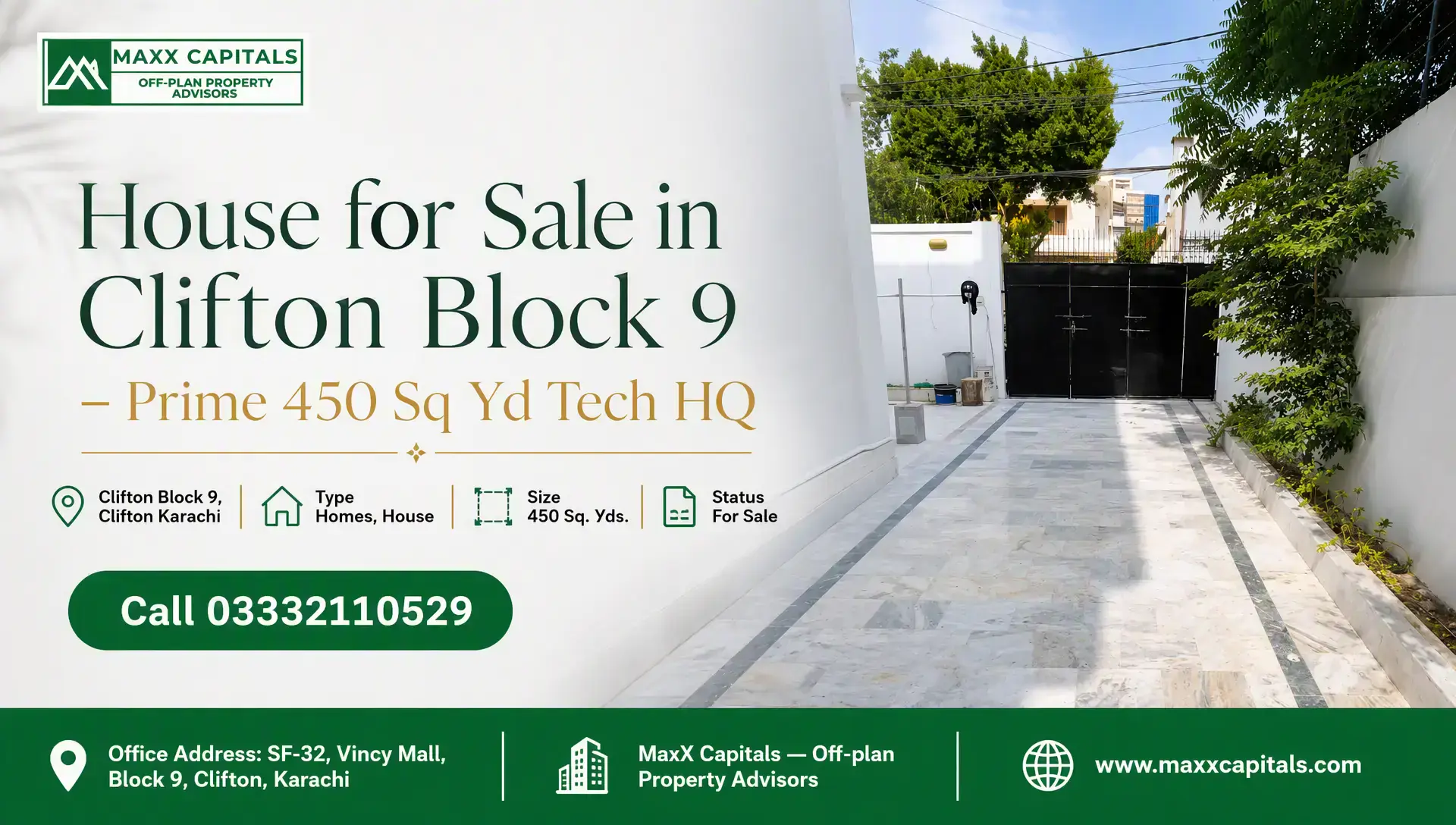 House for Sale in Clifton Block 9 – Prime 450 Sq Yd Tech HQ Spacious driveway with marble flooring and greenery, leading to black main gate in a house for sale in Clifton Block 9.