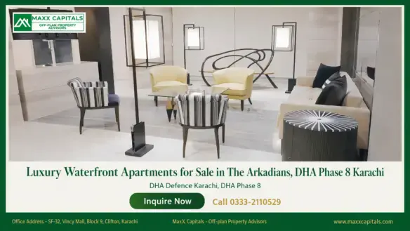 Stylish lounge seating in a 2 bed apartment for sale in The Arkadians with modern decor and glass tables