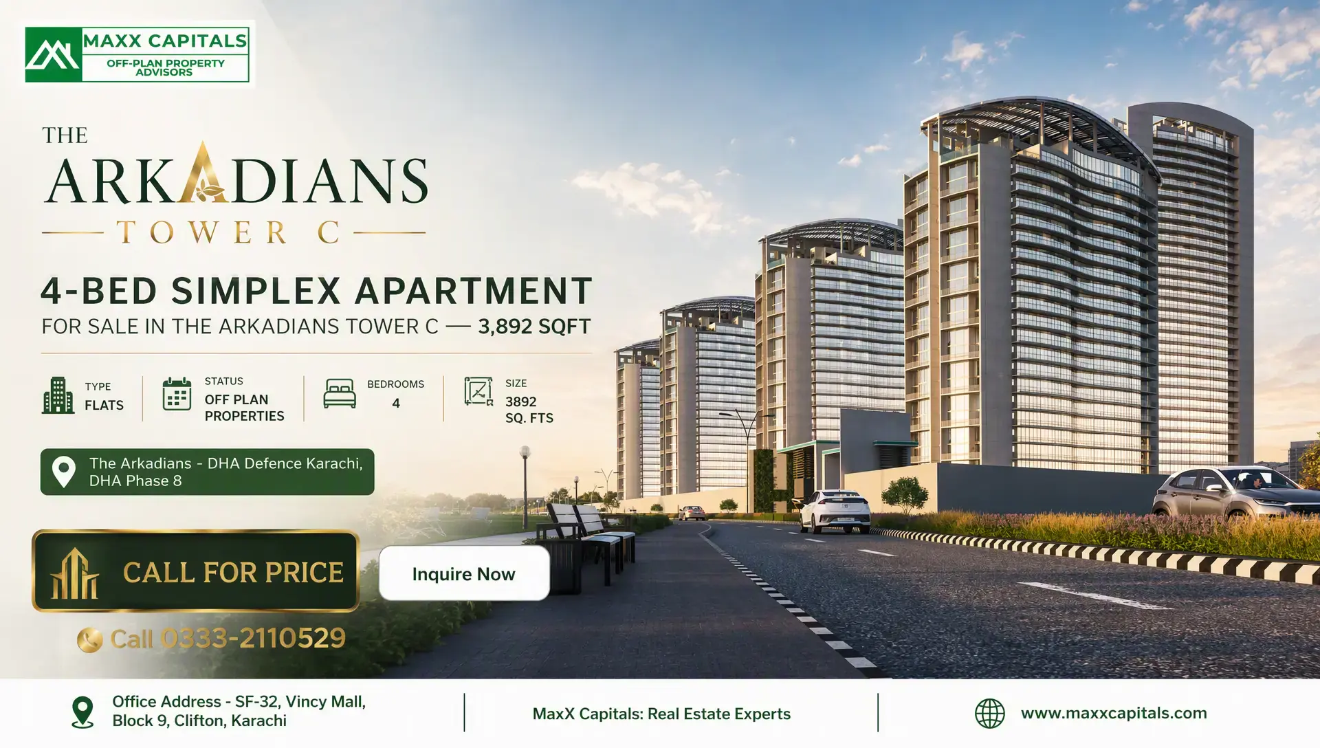 4-Bed Apartment for Sale in The Arkadians Tower C — 3,892 Sqft 4-Bed Apartment for Sale in The Arkadians Tower C with modern high-rise towers and landscaped roadway