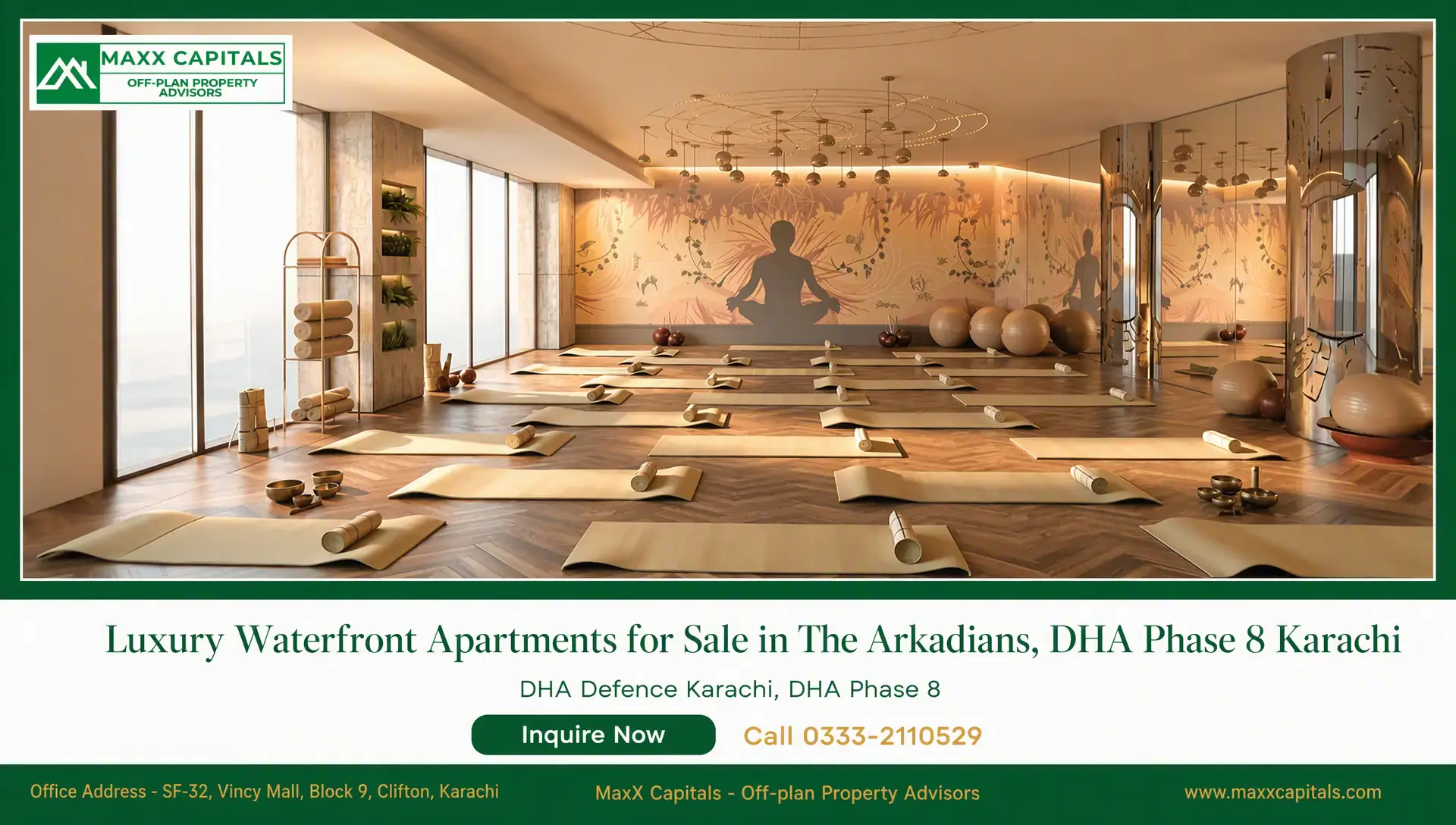 4-Bed Apartment for Sale in The Arkadians Tower C — 3,892 Sqft Yoga studio with mats, meditation wall art, and floor-to-ceiling windows in The Arkadians apartment amenity space