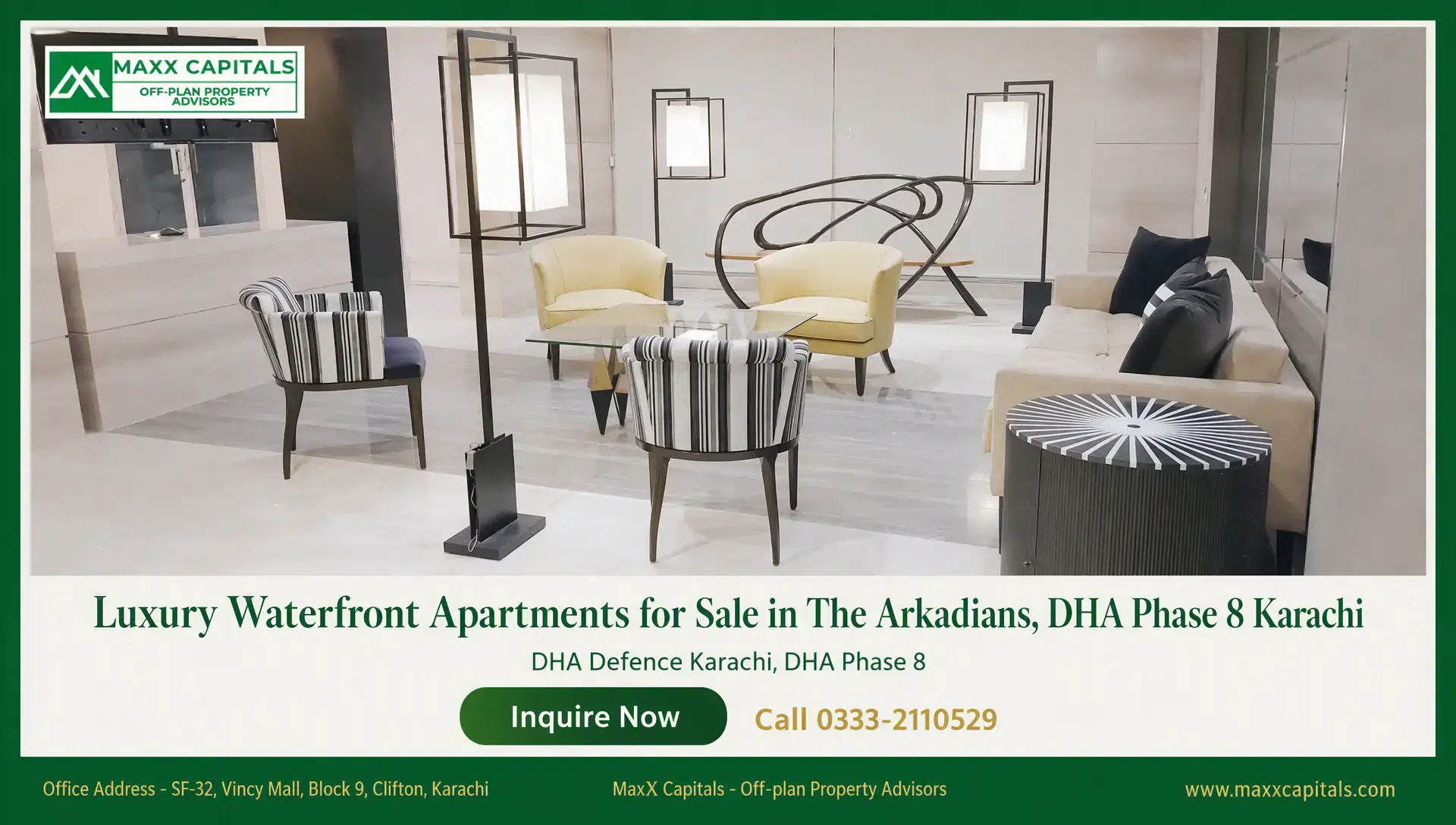 4-Bed Apartment for Sale in The Arkadians Tower C — 3,892 Sqft Luxury lobby seating area in 4-Bed Apartment for Sale in The Arkadians, with modern lounge furniture and floor lamps
