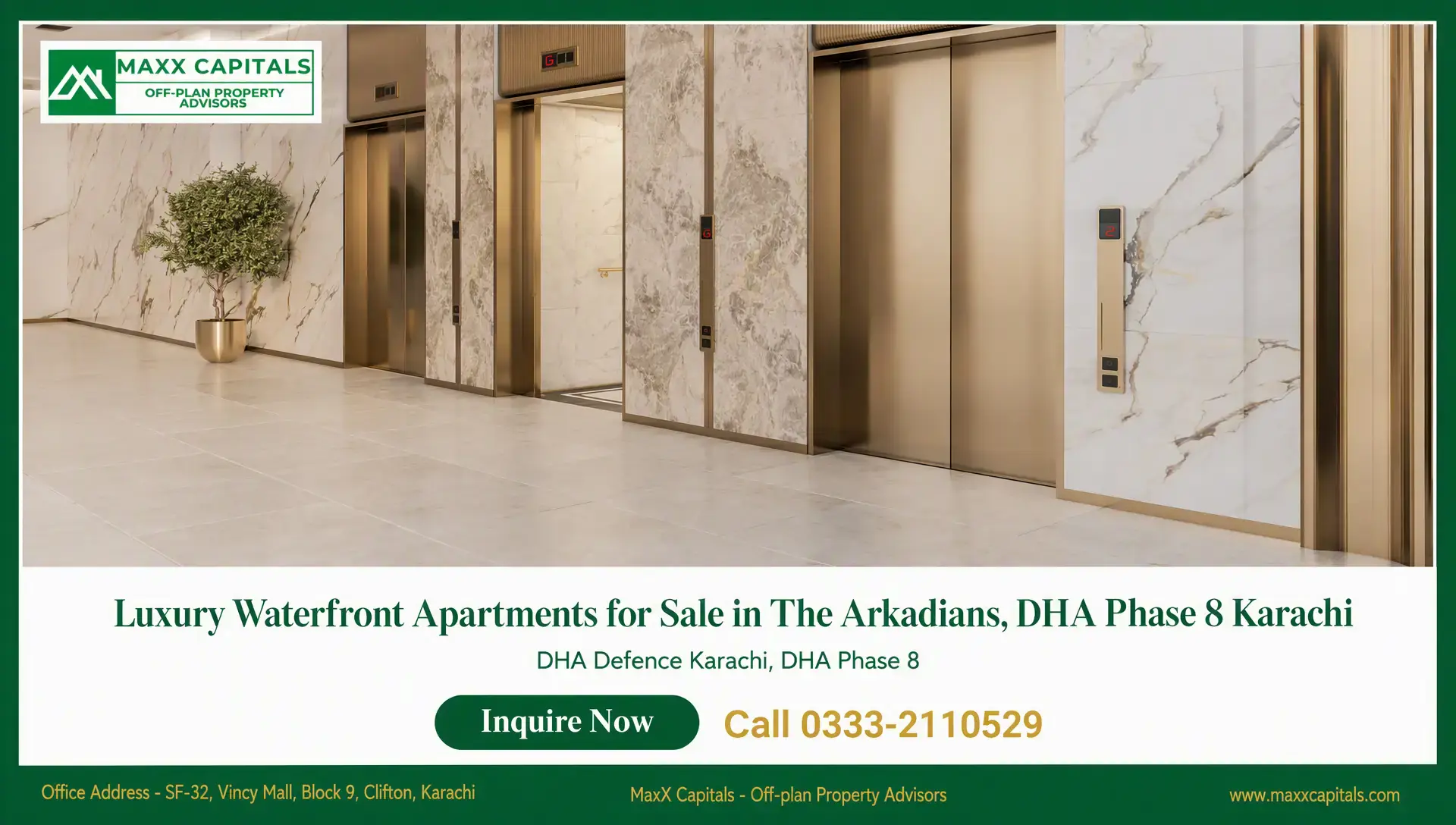 4-Bed Apartment for Sale in The Arkadians Tower C — 3,892 Sqft The Arkadians apartment lobby with marble walls, gold elevators, and a potted tree in a spacious entrance hall.