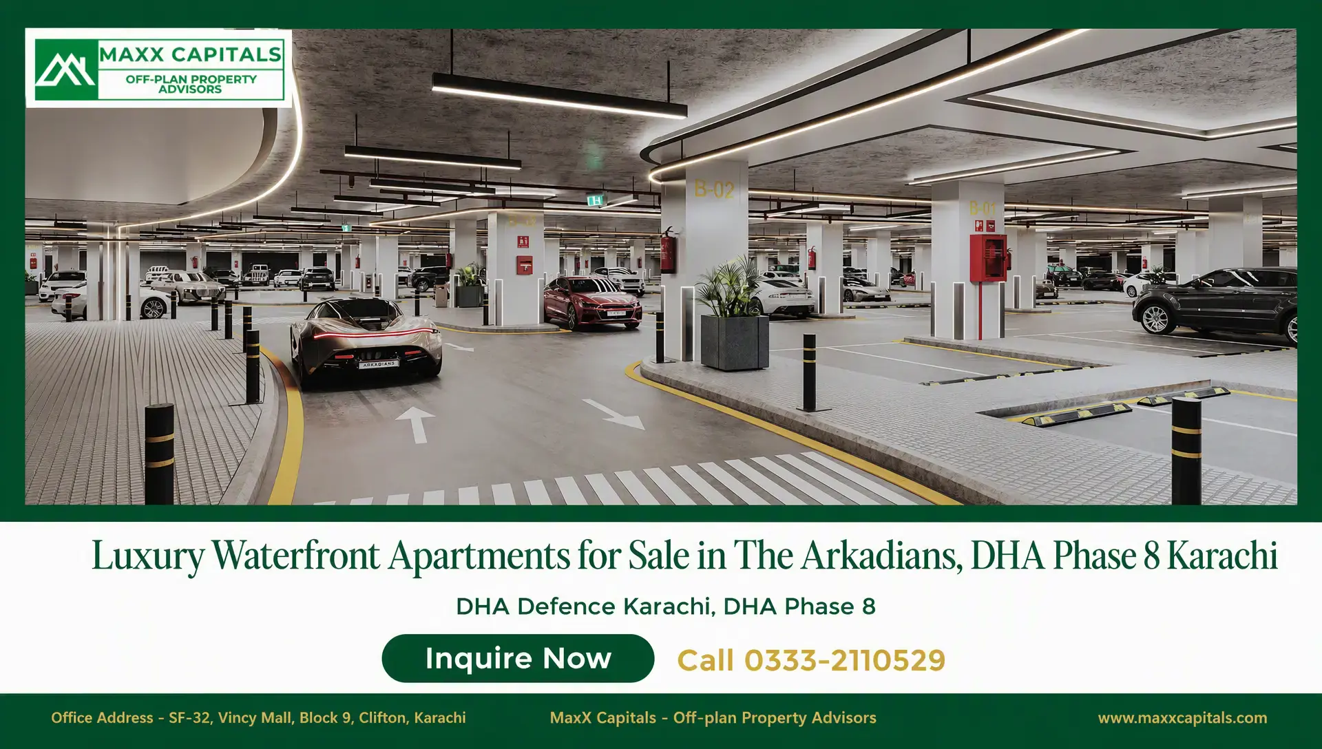 4-Bed Apartment for Sale in The Arkadians Tower C — 3,892 Sqft Luxury parking garage for 4-Bed Apartment for Sale in The Arkadians with marked bays and modern lighting