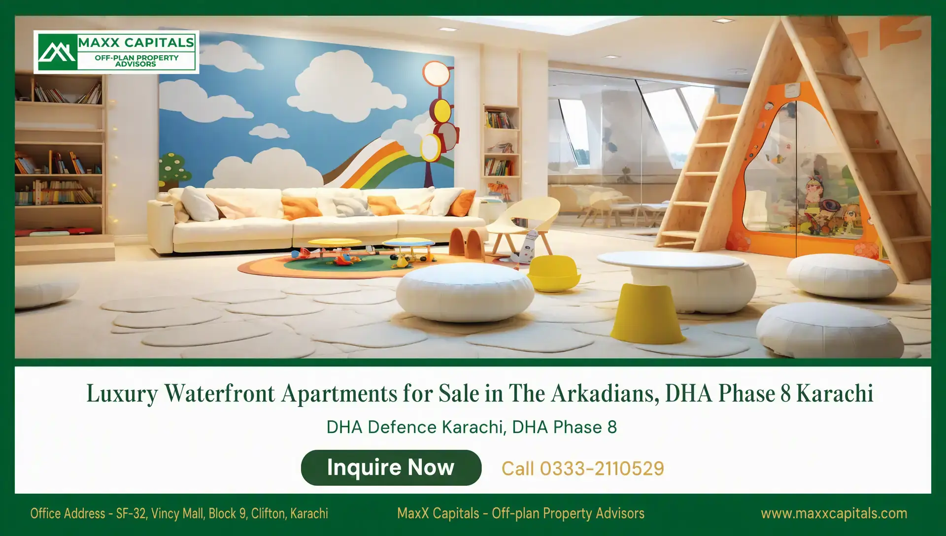 4-Bed Apartment for Sale in The Arkadians Tower C — 3,892 Sqft The Arkadians apartment kids' playroom with mural wall, soft seating, and wooden climbing structure