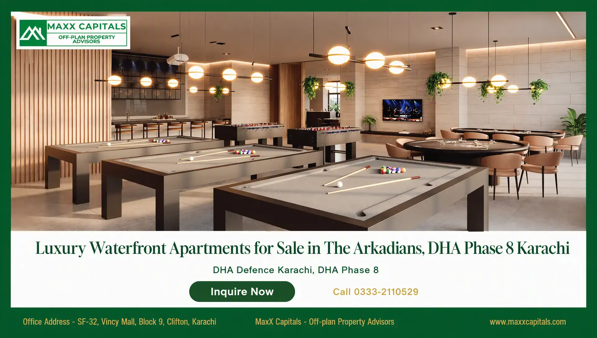 4-Bed Apartment for Sale in The Arkadians Tower C — 3,892 Sqft The Arkadians luxury games lounge with pool tables, pendant lighting, and seating area