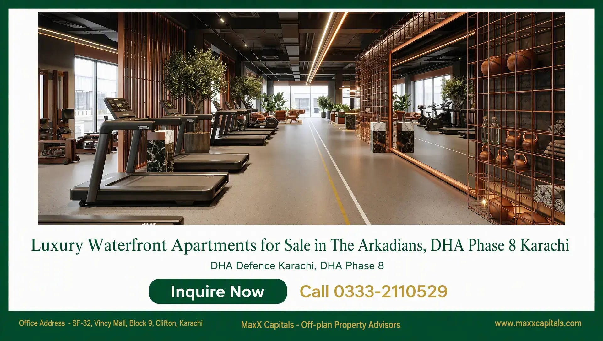 4-Bed Apartment for Sale in The Arkadians Tower C — 3,892 Sqft Luxury gym with treadmills, mirrored walls and copper-toned storage in The Arkadians apartment tower