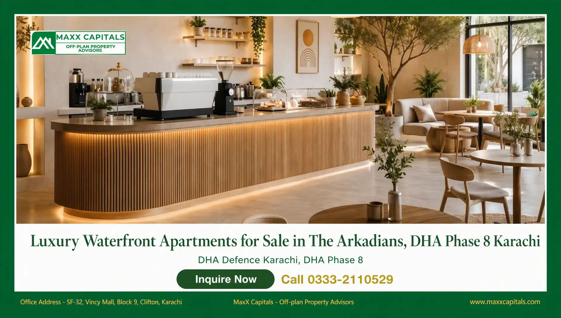 4-Bed Apartment for Sale in The Arkadians Tower C — 3,892 Sqft Luxury lounge café in The Arkadians apartment setting with curved reception counter, warm lighting, and seating area