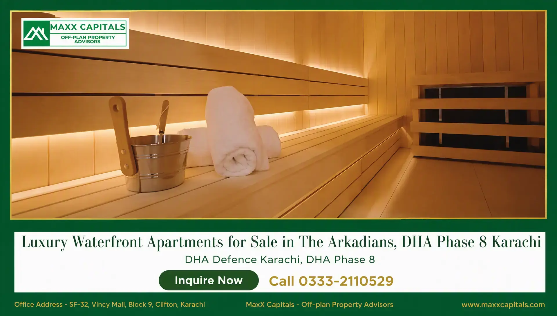 4-Bed Apartment for Sale in The Arkadians Tower C — 3,892 Sqft Warmly lit sauna interior with wooden benches, rolled towels, and a metal bucket in The Arkadians apartment amenities