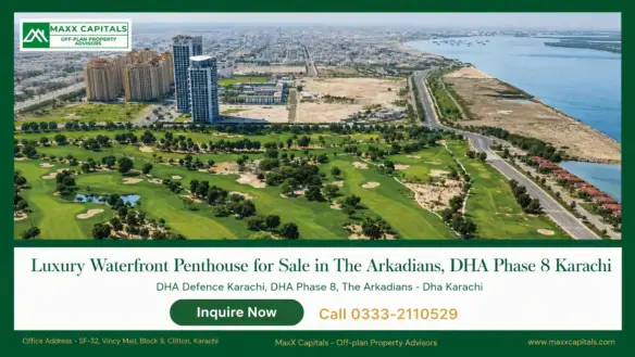 Aerial view of The Arkadians Tower C area in DHA Phase 8, Karachi, with golf course and waterfront.