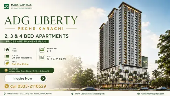 Adg Liberty Pechs Karachi High-Rise Apartment Tower Rendering, 2 To 4 Bed Flats