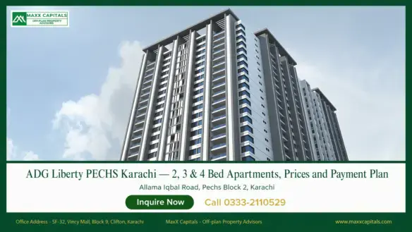 Off-plan ADG Liberty PECHS Karachi apartment tower in Block 2, modern high-rise facade