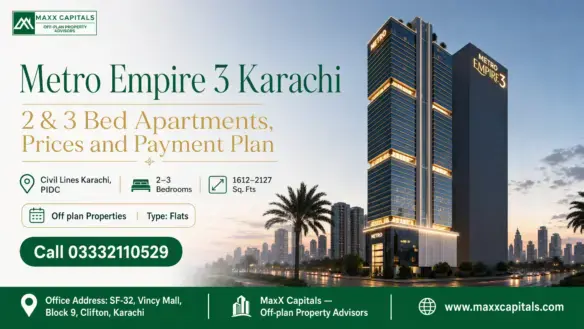 Illuminated Metro Empire 3 Karachi Residential Towers At Sunset With Palm Trees And A Modern Cityscape Backdrop.