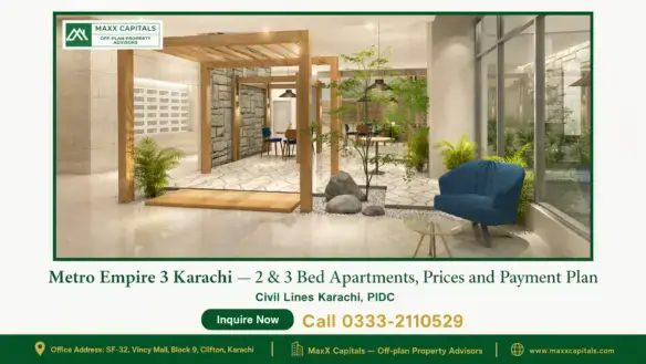 Lounge area in Metro Empire 3 Karachi with modern wooden pergolas, stone accents, and greenery.