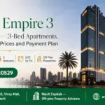 Metro Empire 3, A Luxury High-Rise Building With Modern Glass Facade And Palm-Lined Streets In Karachi At Sunset.