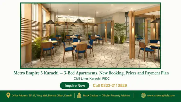 A modern communal seating area with wooden accents, bright lighting, and indoor greenery in Metro Empire 3 Karachi.