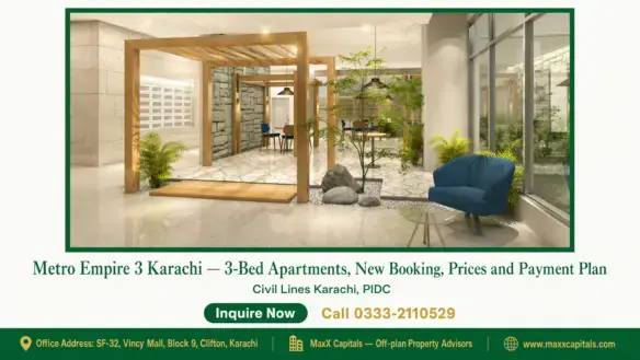 Modern lounge area of Metro Empire 3 Karachi with wooden pergola, glass walls, blue seating, and decorative greenery.