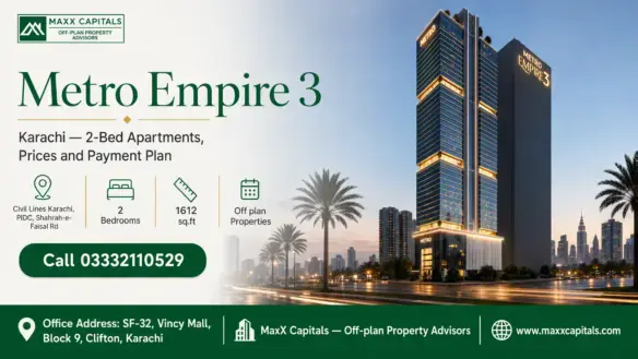 Metro Empire 3 Karachi High-Rise Building With Modern Glass Facade, Surrounded By Palm Trees And Urban Skyline At Dusk.
