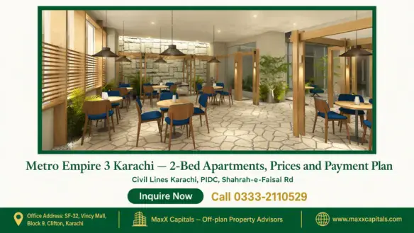 Modern communal dining space in Metro Empire 3 Karachi with wooden accents, stone textures, and natural lighting.