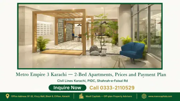 Modern lounge area with wooden pergola, stone wall accents, indoor plants, and seating, part of Metro Empire 3 Karachi 2-Bed