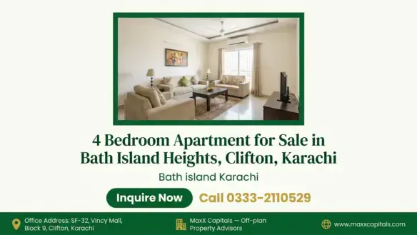 Spacious living room in a 4 Bedroom Apartment for Sale at Bath Island Heights, Clifton, Karachi.