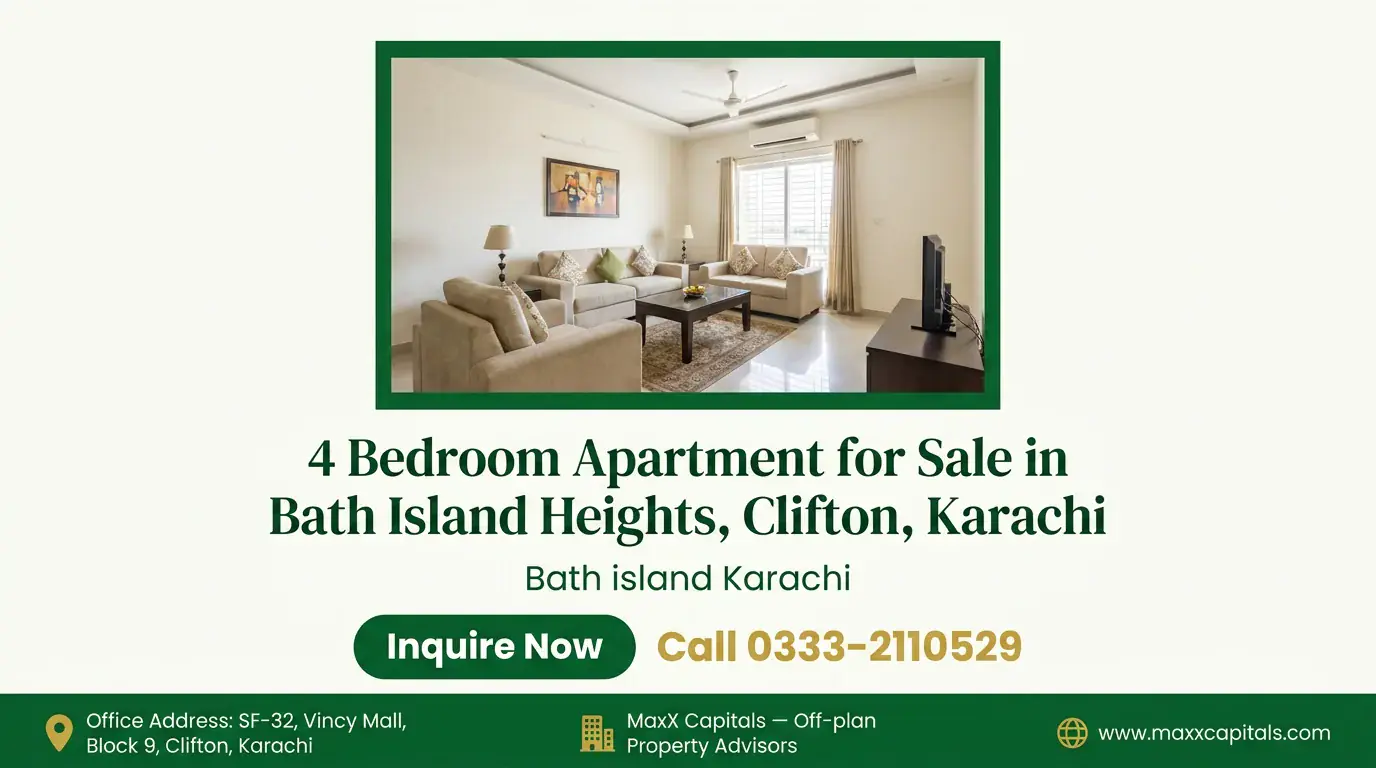4 Bedroom Apartment for Sale in Bath Island Heights, Clifton, Karachi — Gallery 1 Spacious living room in a 4 Bedroom Apartment for Sale at Bath Island Heights, Clifton, Karachi.