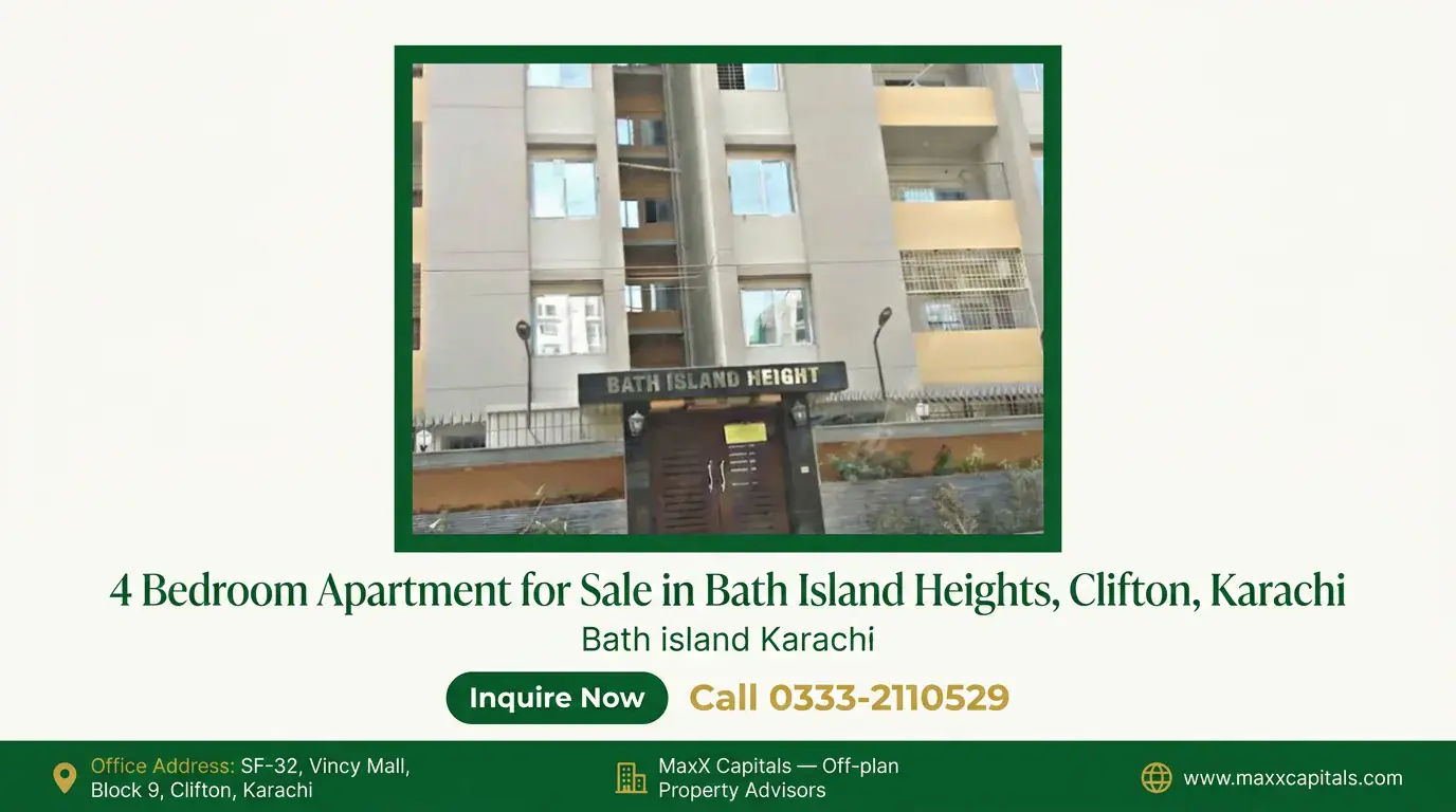 4 Bedroom Apartment for Sale in Bath Island Heights, Clifton, Karachi — Gallery 2 Exterior facade and entrance gate of Bath Island Heights residential building in Clifton, Karachi.